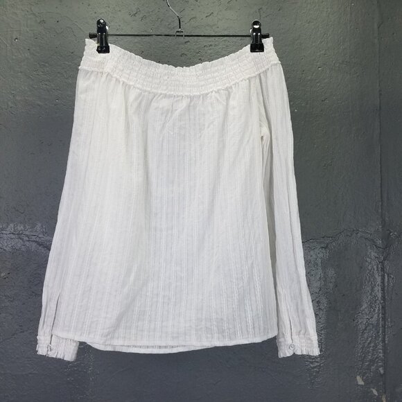 Rag & Bone Drew Blouse Women S Off Shoulder Smocked White Stripe Cotton Crop Top - Picture 6 of 15